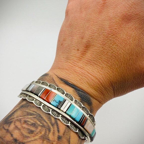 Authentic Navajo Harry Spencer Sterling Silver Multi-Stone Inlay Cuff Bracelet - Picture 2 of 6